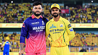 X/Indian Premier League : Captains Riyan Parag (left) and Ruturaj Gaikwad at the toss for the Indian Premier League 2026 match between Rajasthan Royals and Chennai Super Kings in Guwahati.