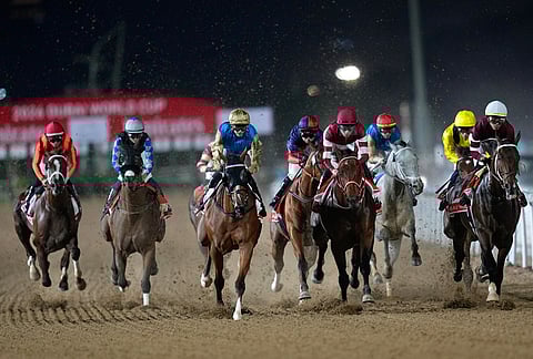 Magnitude, right, with jockey Jose Ortiz, leads after the field after the start on they way to winning the $12 million Dubai World Cup horse race over 2000m (10 furlongs) at Meydan Racecourse in Dubai, the United Arab Emirates.