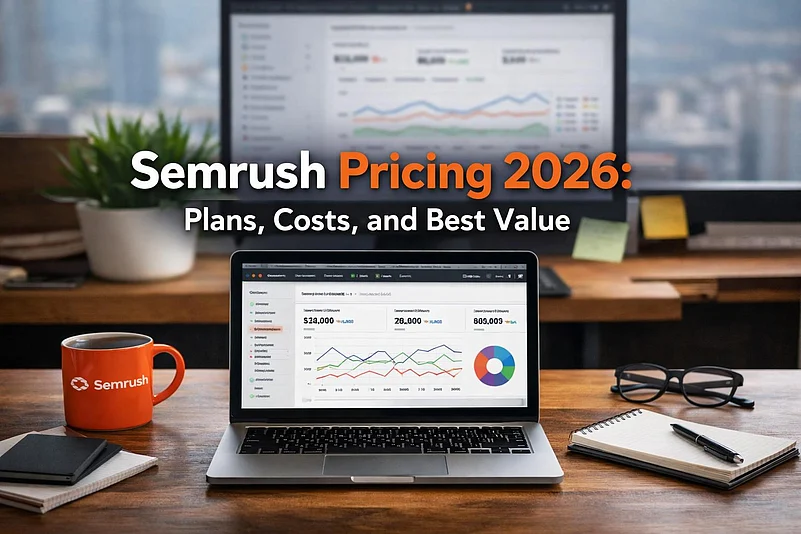 Laptop showing Semrush dashboard and 2026 pricing