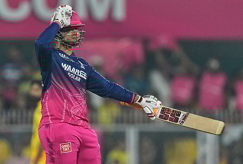 Rajasthan Royals' Vaibhav Sooryavanshi celebrates his fifty runs during the Indian Premier League cricket match between Chennai Super Kings and Rajasthan Royals in Guwahati.