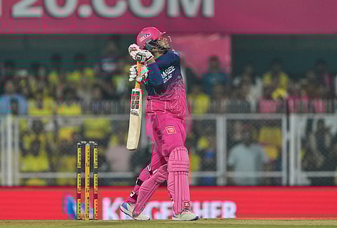 Rajasthan Royals' Vaibhav Sooryavanshi plays a shot during the Indian Premier League cricket match between Chennai Super Kings and Rajasthan Royals in Guwahati.