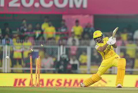 Chennai Super Kings' captain Ruturaj Gaikwad is bowled out during the Indian Premier League cricket match between Chennai Super Kings and Rajasthan Royals in Guwahati.
