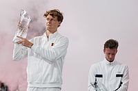 | Photo: AP/Rebecca Blackwell : Jannik Sinner of Italy hoists the Butch Buchholz trophy after defeating Jiri Lehecka of the Czech Republic, right, in the men's singles final at the Miami Open tennis tournament in Miami Gardens, Florida. 