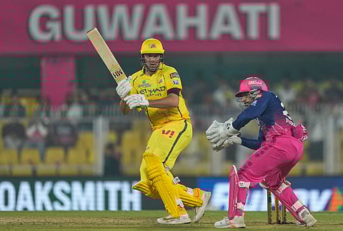 Chennai Super Kings' Jamie Overton plays a shot during the Indian Premier League cricket match between Chennai Super Kings and Rajasthan Royals in Guwahati.