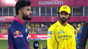 IPL/X : Riyan Parag and Ruturaj Gaikwad at the RR vs CSK IPL 2026 match toss at the Barsapara Stadium in Guwahati.