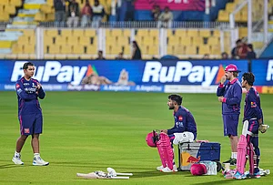 | Photo: PTI/Swapan Mahapatra : Rajasthan Royals' Vaibhav Sooryavanshi, left, Dhruv Jurel, second left, and others during a practice session ahead of an Indian Premier League (IPL) 2026 T20 cricket match between Rajasthan Royals and Chennai Super Kings, at ACA Stadium, Barsapara, in Guwahati, Assam.