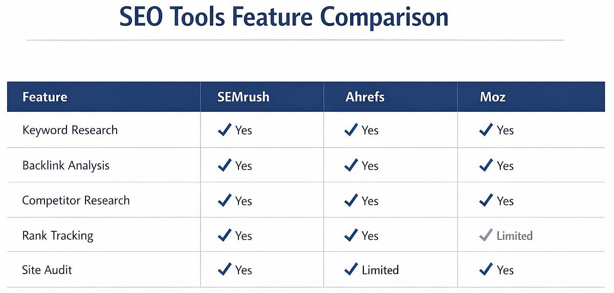Comparison table of SEMrush, Ahrefs, and Moz