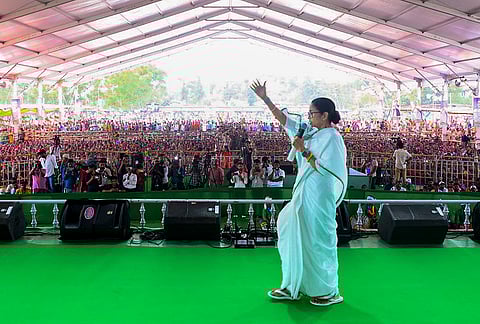West Bengal Chief Minister Mamata Banerjee addresses a public meeting in support of TMC candidate Pratibha Rani Maity from Narayangarh Assembly constituency ahead of the state Assembly Election, in Paschim Medinipur district. 