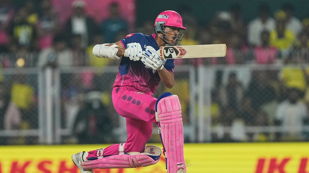 Rajasthan Royals' Yashasvi Jaiswal plays a shot during the Indian Premier League cricket match between Chennai Super Kings and Rajasthan Royals in Guwahati, India, Monday, March 30, 2026.  - AP Photo