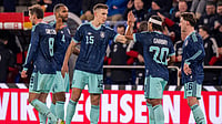 | Photo: AP/GEORGIOS KEFALAS : Germany's players celebrate their goal during an international friendly soccer match between Switzerland and Germany in Basel, Switzerland, Friday, March 27, 2026.