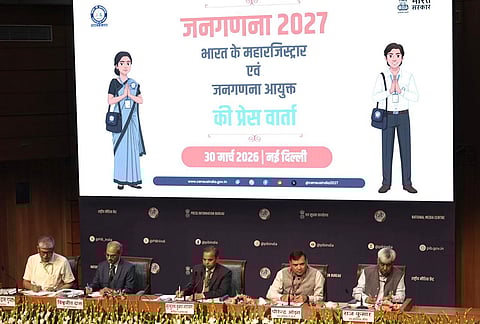 From left to right, Deputy Director General (DDG) for Census Planning, Implementation & Co-ordination Biswajit Das, Registrar General and Census Commissioner Mrityunjay Kumar Narayan and Principal Director General PIB Dhirendra Ojha during a press conference on Census of India 2027, at the National Media Centre (NMC), in New Delhi.