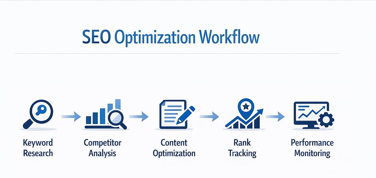 Diagram of a five-step SEO optimization workflow