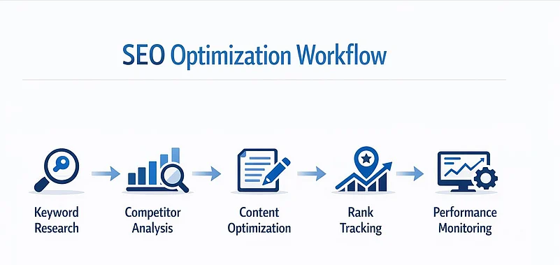 Diagram of a five-step SEO optimization workflow