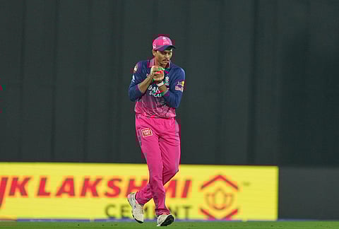 Rajasthan Royals' Yashasvi Jaiswal take the catch to dismiss Chennai Super Kings' Matthew Short during the Indian Premier League cricket match between Chennai Super Kings and Rajasthan Royals in Guwahati.