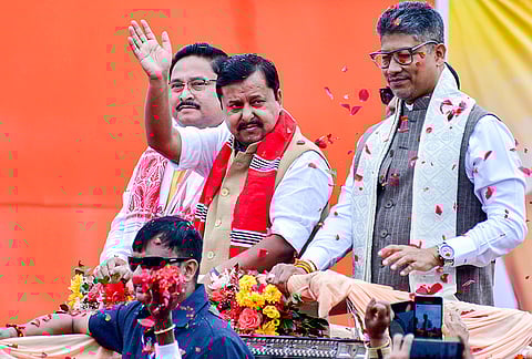 BJP President Nitin Nabin during an election rally in support of party candidate from Jagiroad Assembly constituency Pijush Hazarika, at Jagiroad in Morigaon district of Assam. BJP MP Dilip Saikia is also seen. 