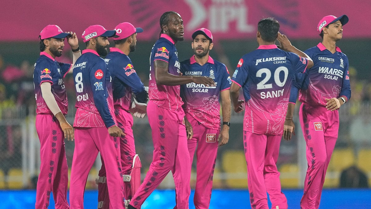 Rajasthan Royals' Jofra Archer, center without cap, celebrates with teammates the wicket of Chennai Super Kings' captain Ruturaj Gaikwad during the Indian Premier League cricket match between Chennai Super Kings and Rajasthan Royals in Guwahati, India, Monday, March 30, 2026. - AP Photo 