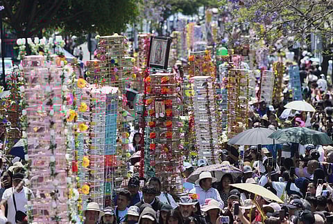 People walk with decorated bird cages during an annual pilgrimage of bird vendors to the Basilica of Guadalupe in Mexico City.