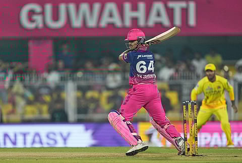 Rajasthan Royals' Yashasvi Jaiswal plays a shot during the Indian Premier League cricket match between Chennai Super Kings and Rajasthan Royals in Guwahati.