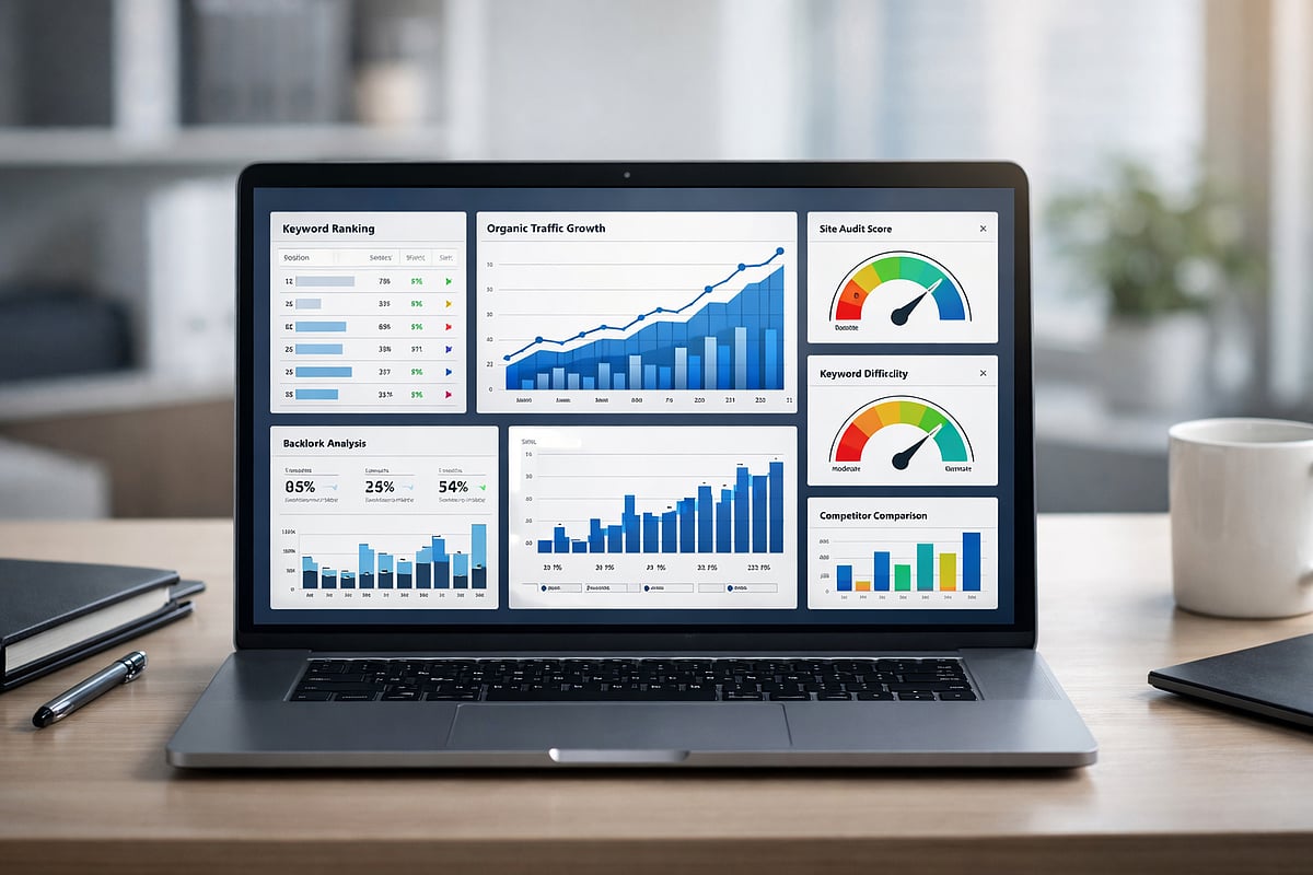Laptop on a desk displaying a business dashboard with various data charts and analytics.
