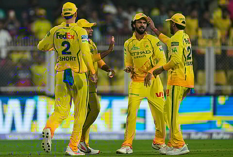 Chennai Super Kings players celebrates the wicket of Rajasthan Royals' Vaibhav Sooryavanshi during the Indian Premier League cricket match between Chennai Super Kings and Rajasthan Royals in Guwahati.