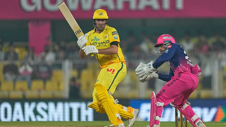 Chennai Super Kings' Jamie Overton plays a shot during the Indian Premier League cricket match between Chennai Super Kings and Rajasthan Royals in Guwahati, India, Monday, March 30, 2026. - Ap Photo
