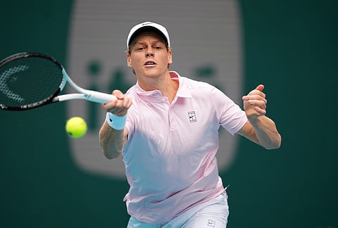 Jannik Sinner of Italy returns a ball against Jiri Lehecka of the Czech Republic in the men's singles final at the Miami Open tennis tournament, in Miami Gardens, Florida.
