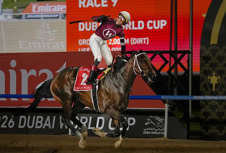 Jockey Jose Ortiz, aboard Magnitude, celebrates winning the $12 million Dubai World Cup horse race over 2000m (10 furlongs) at Meydan Racecourse in Dubai, the United Arab Emirates. - | Photo: AP/Altaf Qadri