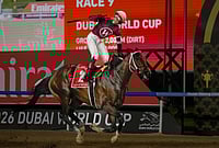 | Photo: AP/Altaf Qadri : Jockey Jose Ortiz, aboard Magnitude, celebrates winning the $12 million Dubai World Cup horse race over 2000m (10 furlongs) at Meydan Racecourse in Dubai, the United Arab Emirates.