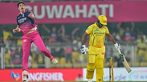 AP : Rajasthan Royals' Nandre Burger, left, celebrates the wicket of Chennai Super Kings' Sanju Samson during their Indian Premier League match in Guwahati.