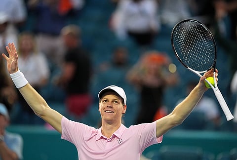 Jannik Sinner of Italy celebrates after defeating Jiri Lehecka of the Czech Republic in the men's singles final at the Miami Open tennis tournament, in Miami Gardens, Florida.