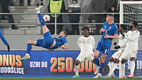 | Photo: AP/Darko Vojinovic : Serbia's Strahinja Pavlovic, left, scores his side's first goal during the international friendly soccer match between Serbia and Saudi Arabia in Backa Topola, Serbia, Tuesday, March 31, 2026. 