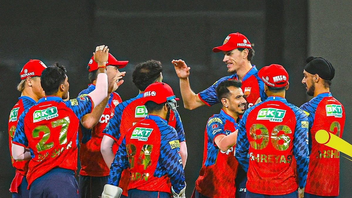 Punjab Kings' Vijaykumar Vyshak celebrates with teammates after a wicket of Gujarat Titans' during the Indian Premier League cricket match between Gujarat Titans and Punjab Kings in New Chandigarh, India, Tuesday, March 31, 2026.  - IPL/X