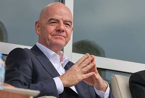 FIFA President Gianni Infantino follows a friendly soccer match between Iran and Costa Rica, in Antalya, southern Turkey.