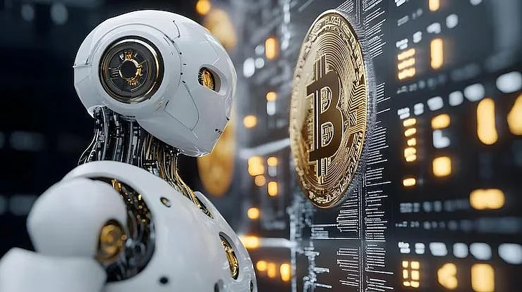 A sleek white robot looking at a Bitcoin coin