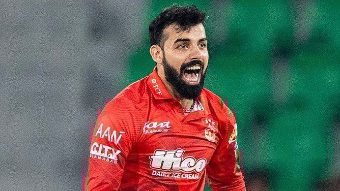 Shadab Khan in action for Islamabad United in the PSL 2026.  - IsbUnited/X