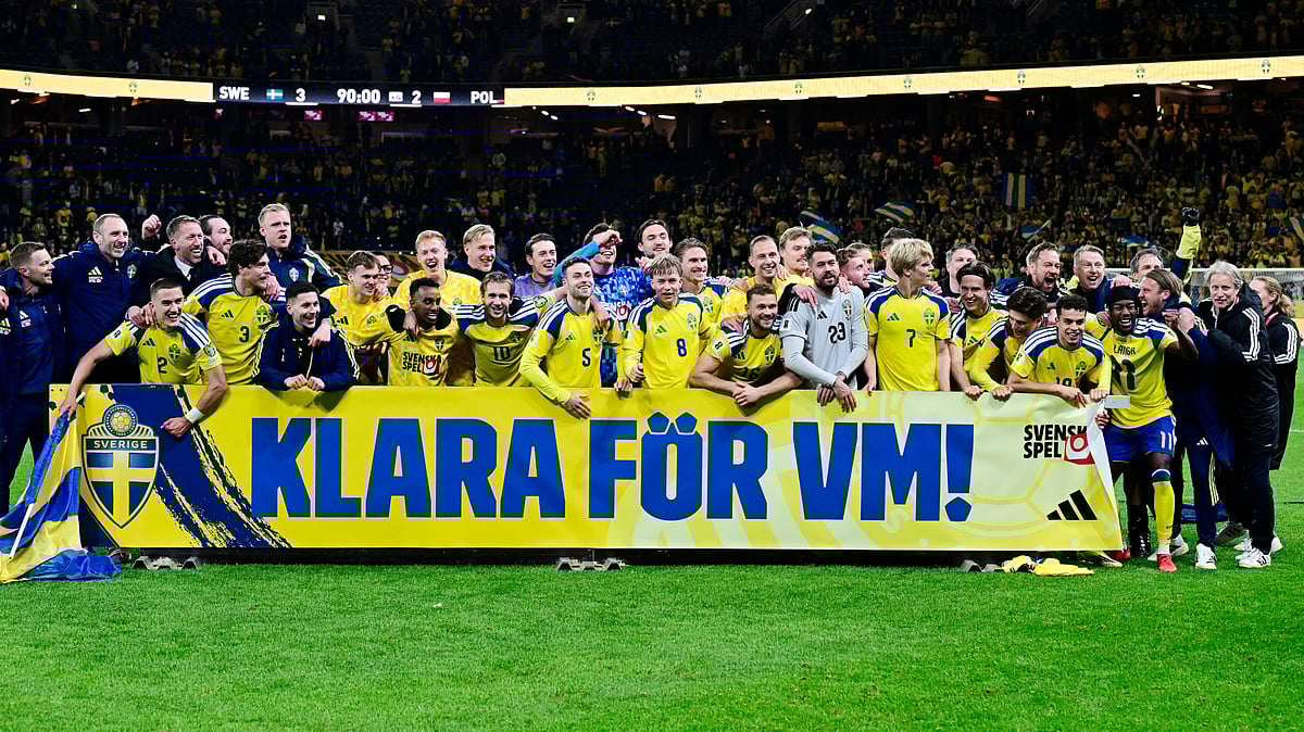 Sweden players and staff celebrate qualifying for the World Cup after a World Cup qualifying playoff final soccer match between Sweden and Poland in Stockholm. - Jonas Ekstromer/TT via AP