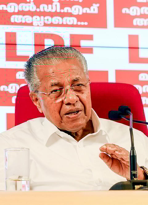 Kerala Chief Minister Pinarayi Vijayan speaks during a press conference at the AKG Centre, in Thiruvananthapuram.