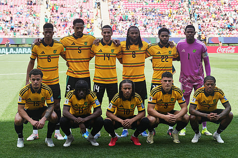 Jamaica's team pose for a group photo prior to the World Cup playoff final soccer match between DR Congo and Jamaica in Guadalajara, Mexico, Tuesday, March 31, 2026.