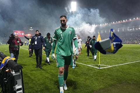Italy's Gianluigi Donnarumma walks off the field after a World Cup qualifying playoff final soccer match between Bosnia and Italy in Zenica, Bosnia