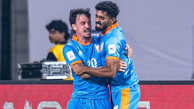 Ryan Williams celebrates with his teammate after scoring in the AFC Asian Cup Qualifiers match against Hong Kong on March 31, 2026. - | Photo: X/IndianFootball