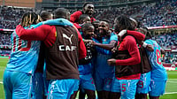 Photo: AP/Themba Hadebe : DR Congo team celebrate after scoring a goal during the Africa Cup of Nations group D soccer match between Senegal and DR Congo in Tangier, Morocco.