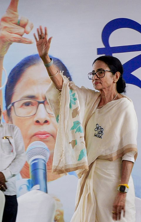 West Bengal Chief Minister Mamata Banerjee during a public meeting in support of Trinamool Congress candidates from Bankura's Bishnupur organisational district ahead of the state assembly elections, in Bishnupur.