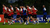 | Photo: AP/Fernando Llano : Iraq's players jog during a training session ahead of a World Cup 2026 qualifying soccer match against Bolivia in Monterrey, Mexico, Monday, March 30, 2026.