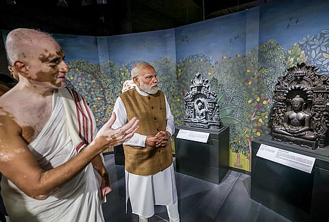 Prime Minister Narendra Modi views ancient sculptures during the inauguration of the Samrat Samprati Museum, in Gandhinagar, Gujarat. 