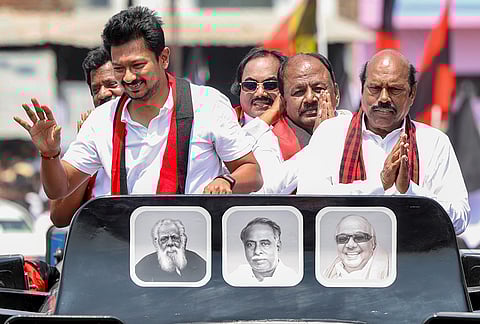 Tamil Nadu Deputy Chief Minister Udhayanidhi Stalin during an election campaign for the upcoming Assembly elections in support of DMK candidates EV Velu and K Pitchandi, in Tiruvannamalai.