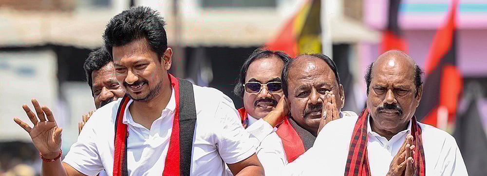| Photo: PTI : Tamil Nadu Deputy Chief Minister Udhayanidhi Stalin during an election campaign for the upcoming Assembly elections in support of DMK candidates EV Velu and K Pitchandi, in Tiruvannamalai.
