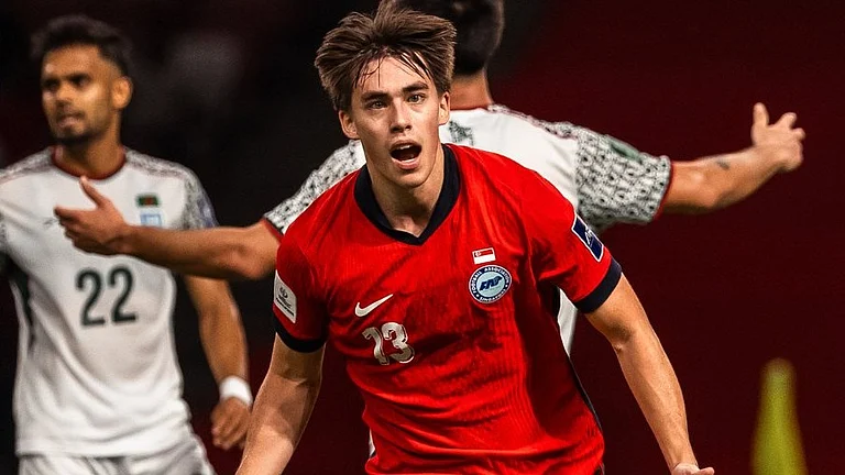 Singapore's Harhys Stewart celebrates after scoring against Bangladesh during their AFC Asian Cup Qualifiers match on March 31, 2026. - | Photo: X/FASingapore