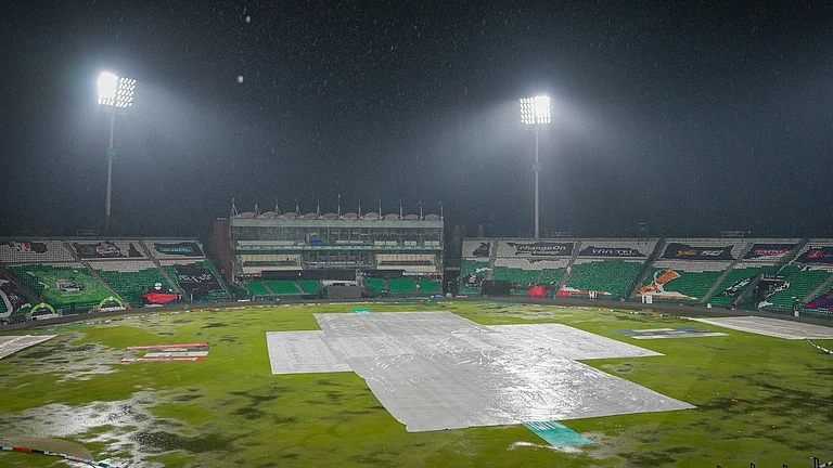 Lahore's Gaddafi Stadium under covers during Islamabad United Vs Peshawar Zalmi, PSL 2026 match. - thepslt20/X