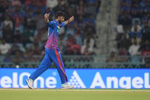 Delhi Capitals' captain Axar Patel celebrates the dismissal of Lucknow Super Giants' Aiden Markram during the Indian Premier League cricket match between Lucknow Super Giants and Delhi Capitals in Lucknow, India.