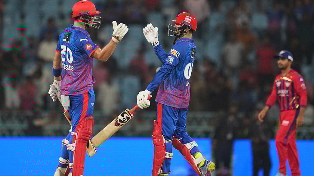 | Photo: AP/Manish Swarup : Delhi Capitals' Tristan Stubbs, left, and batting partner Sameer Rizvi celebrate their win in the Indian Premier League cricket match against Lucknow Super Giants in Lucknow, India.